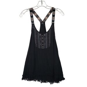 Empyre Black Tank Top Womens Medium Embroidered Tribal Fringe‎ Rayon Racerback